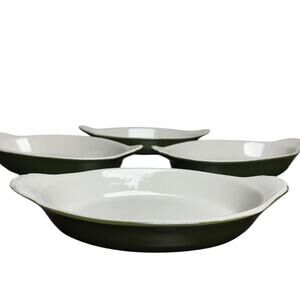 Vintage Hall Green & Cream Ceramic Oval Baking Casserole Dish Set of Four - EUC